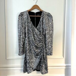 Bardot Sequin Long Sleeve Mini Dress Wrap Front Silver Size 6 NWT